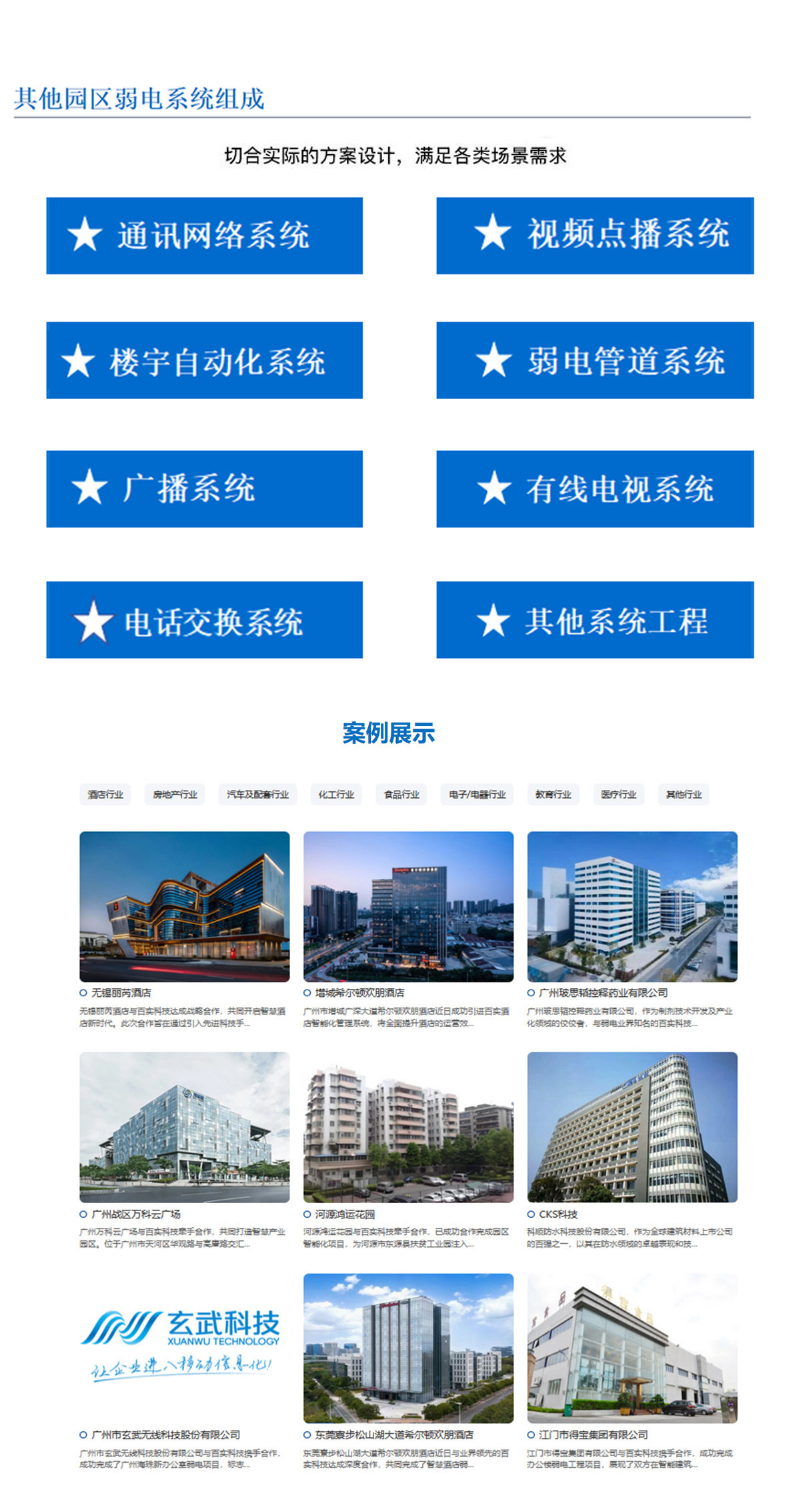 5科技園,工業園,商業園,產業園,農業園,物流園等園區訊通網絡系統，園區視頻點播系統,園區樓宇自動化系統,園區弱電管道系統,園區廣播系統，園區有無線電視系統,園區會議系統,園區電話交換系統等其他園區弱電系統，切合實際的方案設計，滿足各類場景需求